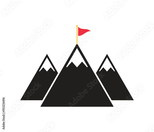 Mountain peaks with snow and flag flat vector icon for sports apps and web