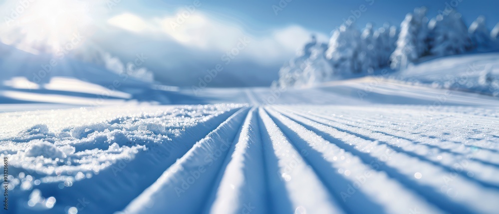 Freshly groomed ski slope with precise lines in the snow, under a clear winter sky. Freshly groomed ski slope with precise lines in the snow, under a clear winter sky.