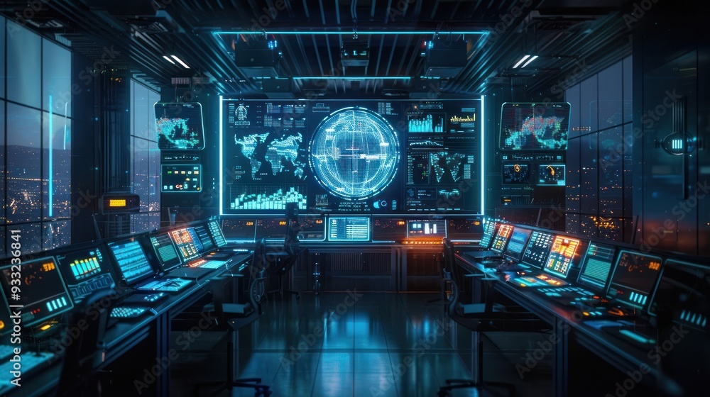 Photo of a high-tech command center that uses AI to monitor and manage critical infrastructure across the line. Photo of a high-tech command center that uses AI to monitor and manage critical infrastructure across the line.