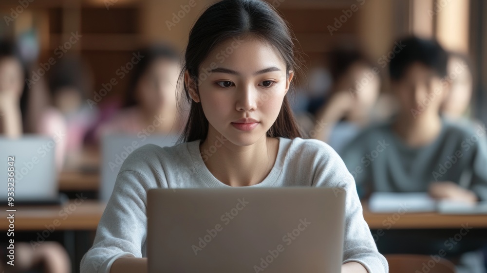 Focused Student in Library: A young Asian woman diligently works on her laptop in a bustling library, surrounded by other students, showcasing the quiet determination and focus of academic pursuit. Focused Student in Library: A young Asian woman diligently works on her laptop in a bustling library, surrounded by other students, showcasing the quiet determination and focus of academic pursuit.