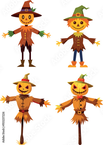Four halloween pumpkin scarecrow wearing old clothes and hat standing posing