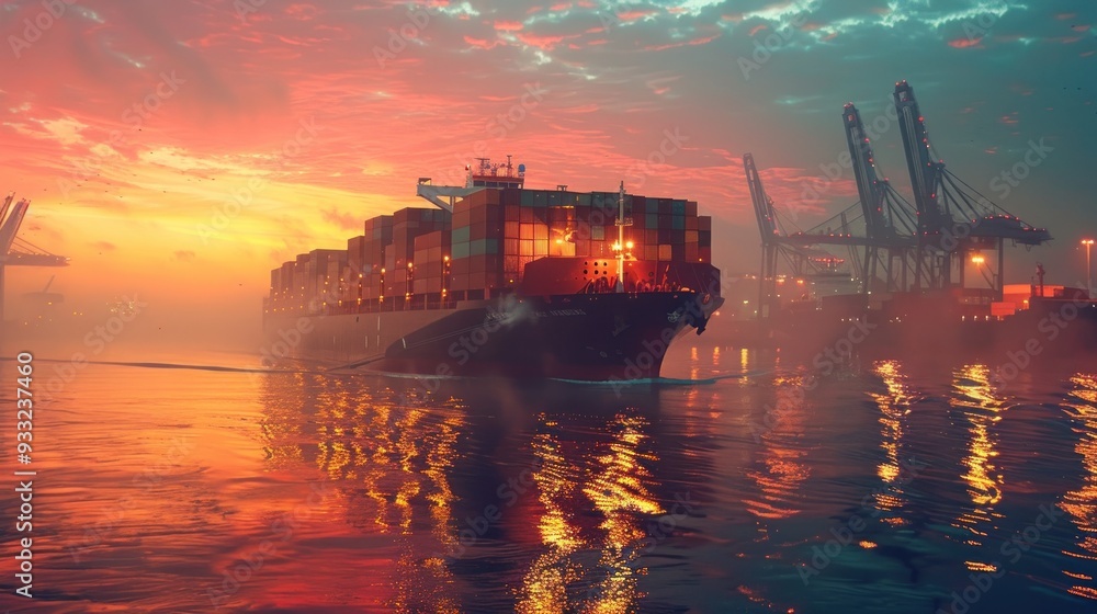 Image of a large cargo ship sailing through a busy port. Image of a large cargo ship sailing through a busy port.