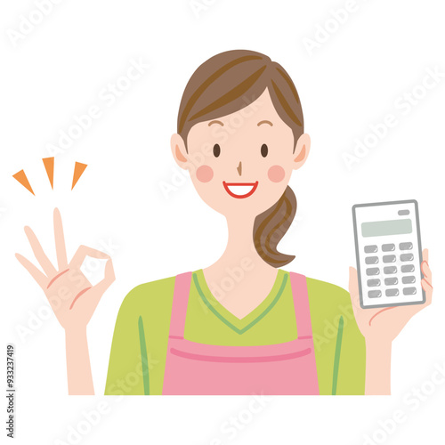 電卓を持つ主婦のイラスト　okサインする女性
