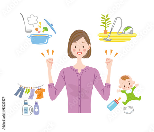 家事をする女性　育児　料理　掃除　洗濯

