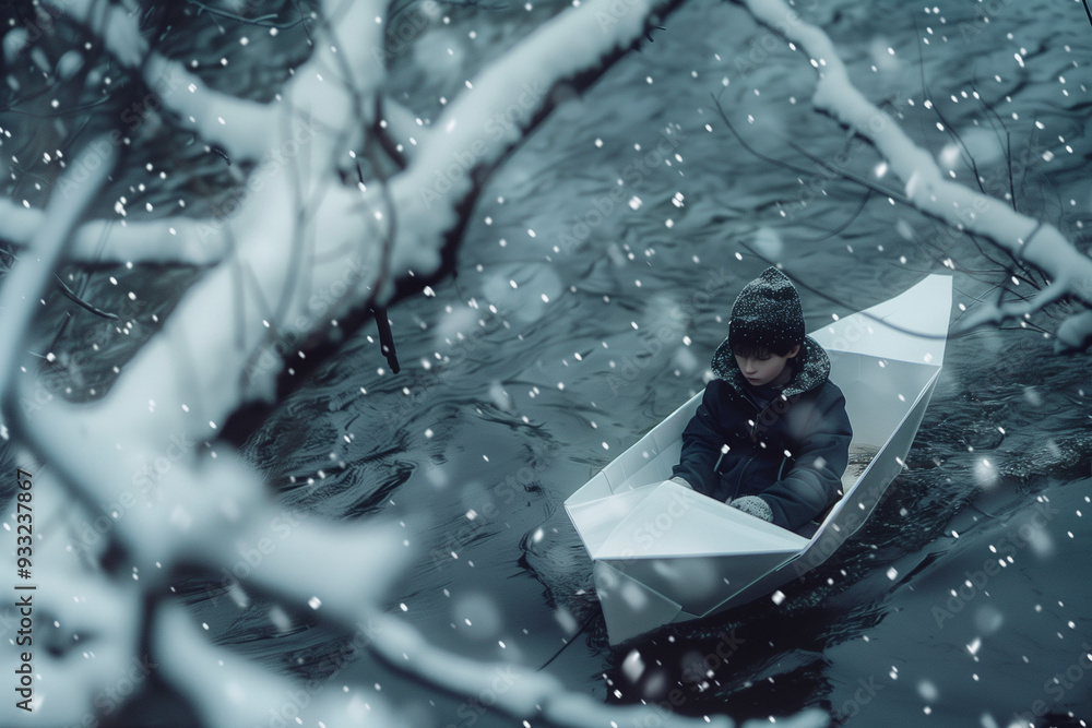 Naklejka premium A little boy in a white boat floating in water with snow falling and trees covered in snow. Surreal fantasy image of an origami folded paper boat gliding over rippling lake.
