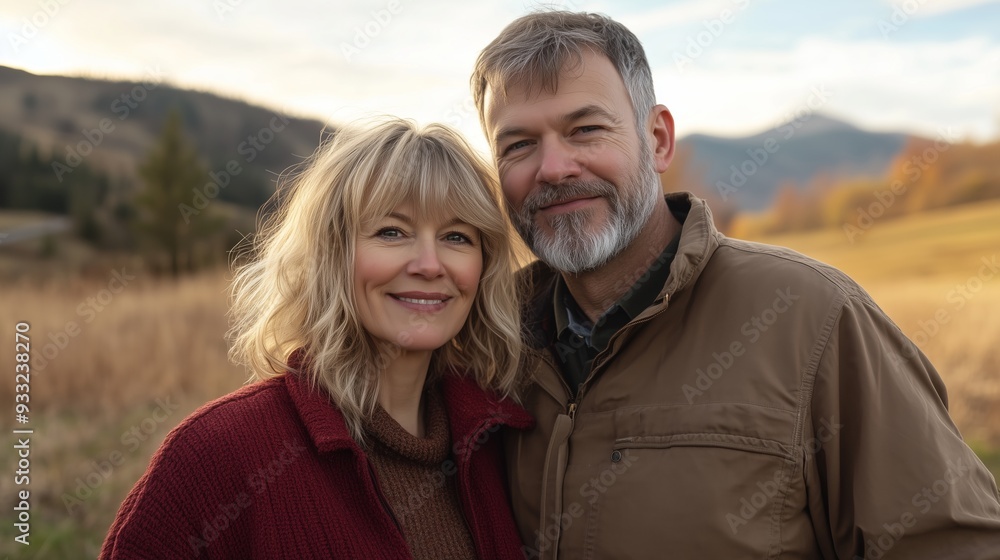 A happy middle-aged couple, smiling and looking at the camera in an autumn field. A happy middle-aged couple, smiling and looking at the camera in an autumn field.