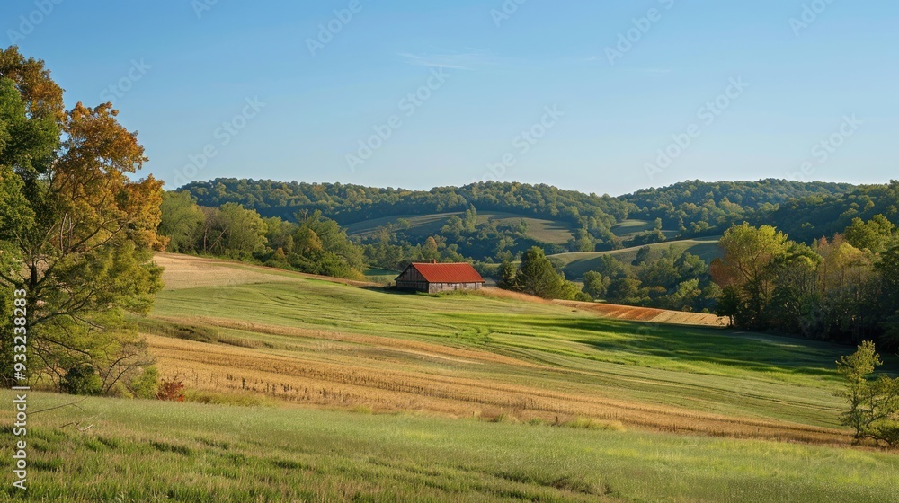 A peaceful rural landscape with rolling hills, bright blue sky and a small farmhouse hidden amidst rice fields. A peaceful rural landscape with rolling hills, bright blue sky and a small farmhouse hidden amidst rice fields.