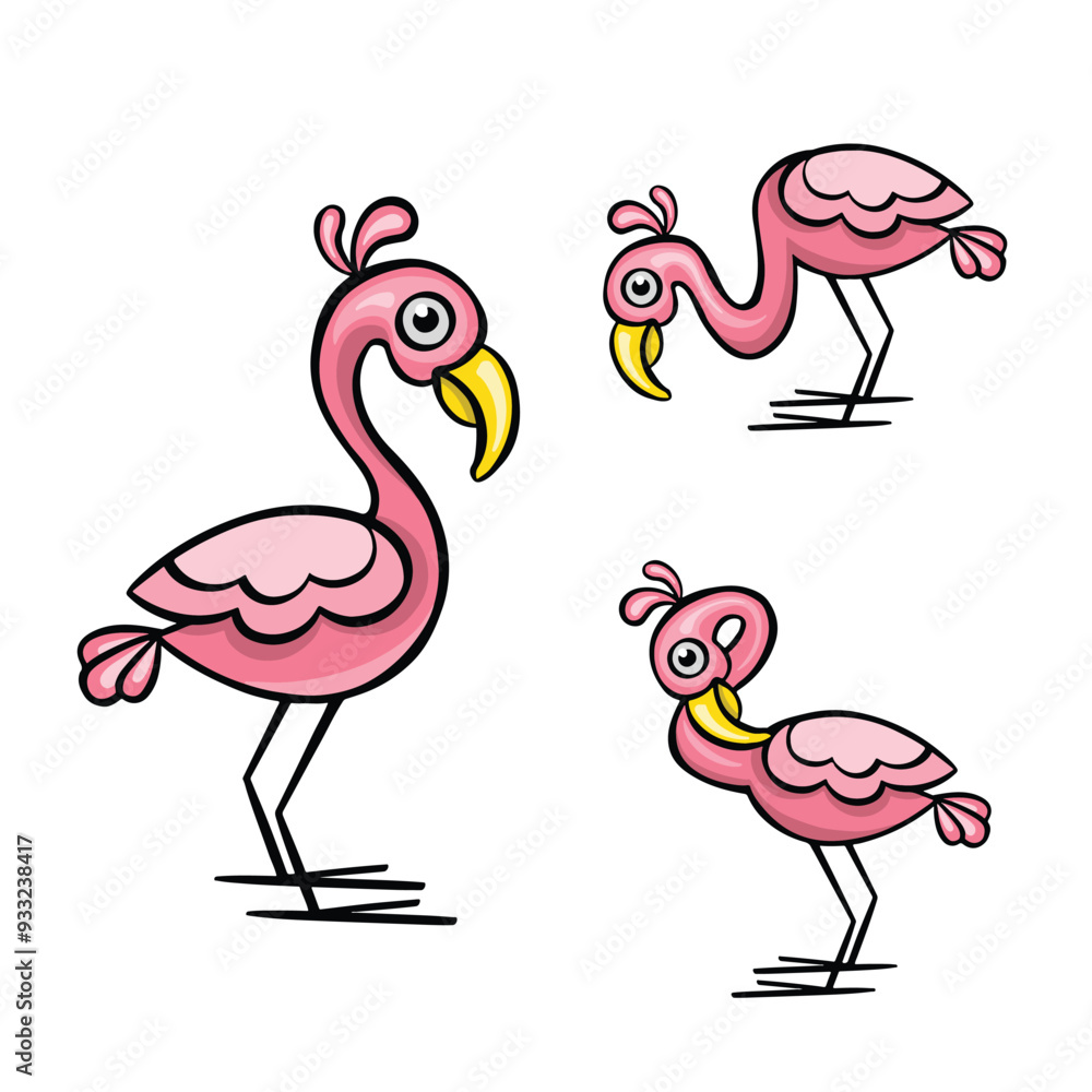 Obraz premium Set of pink flamingo birds, vector illustration isolated