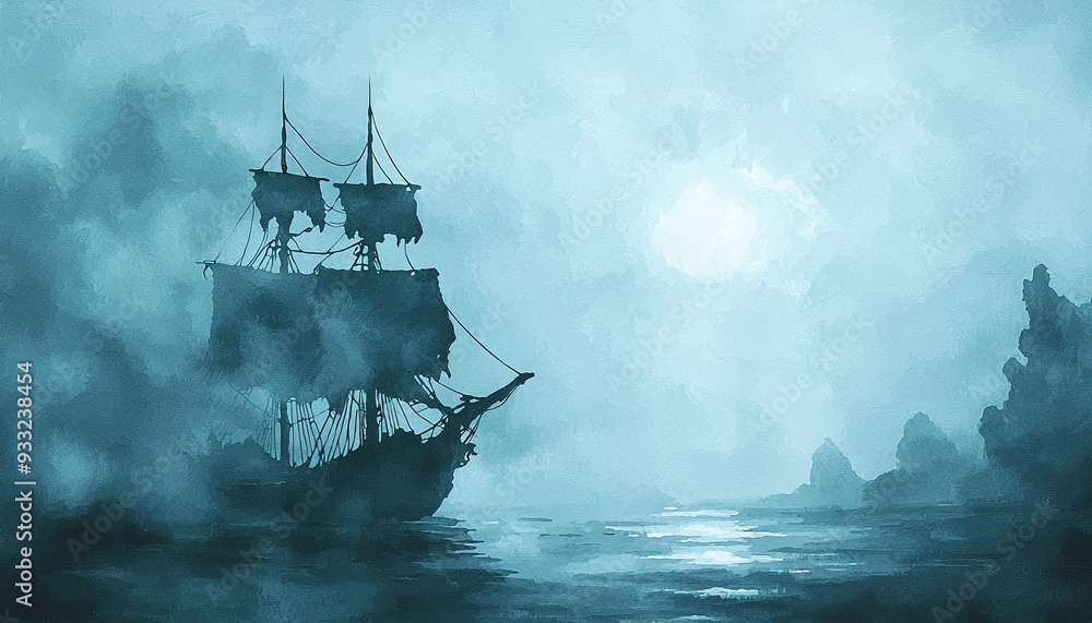 Fototapeta premium Spooky ghost ship, dark waters, tattered sails, eerie fog, Watercolor style