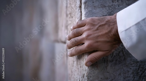 Judaism beliefs worship, a group of men at the Western Wall in Jerusalem, close-up of hands touching the ancient stones, early morning light, deep spiritual focus, copy space for text,