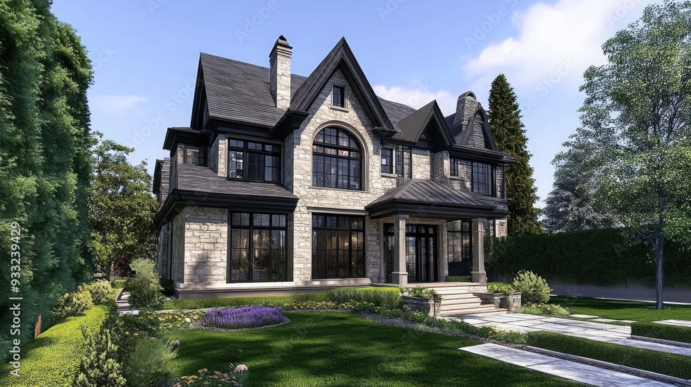 A luxury home with a stone facade and black windows, surrounded by lush greenery and a stone pathway leading to the entrance. A luxury home with a stone facade and black windows, surrounded by lush greenery and a stone pathway leading to the entrance.