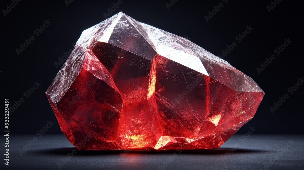 A large red crystal sits on a black surface A large red crystal sits on a black surface