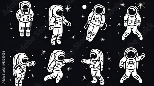 Collection of Cartoon Astronauts in Space Suits Floating in Outer Space with Stars and Planets photo