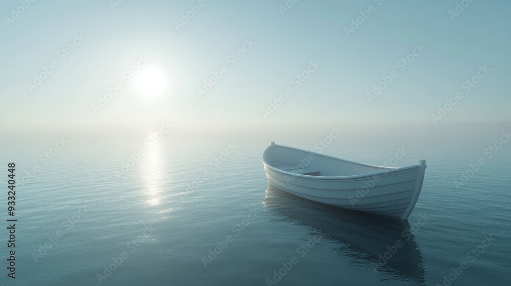 A small white boat sits in the middle of a calm body of water A small white boat sits in the middle of a calm body of water