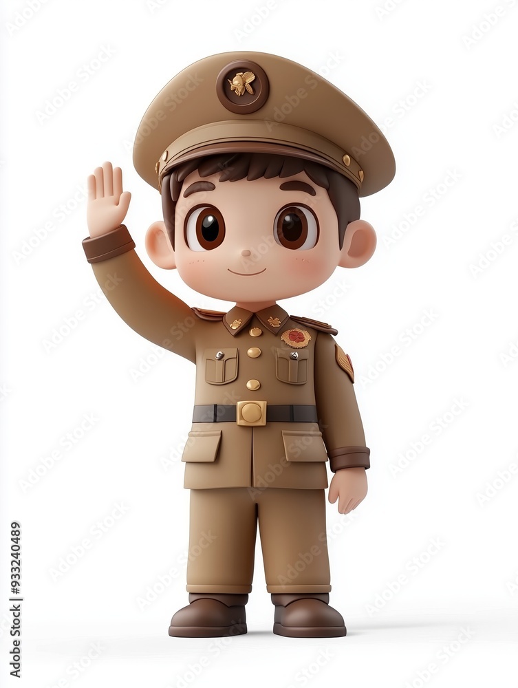 A chibi soldier character in a brown uniform, smiling and giving a salute. Ideal for military or patriotic-themed designs. A chibi soldier character in a brown uniform, smiling and giving a salute. Ideal for military or patriotic-themed designs.