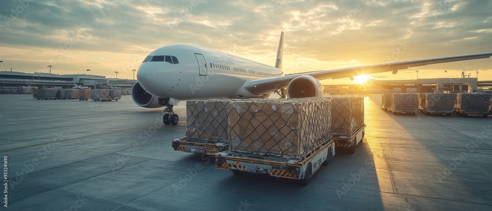 Cargo Plane on Tarmac at Sunrise with Shipping Containers Ready for Loading at Airport Cargo Plane on Tarmac at Sunrise with Shipping Containers Ready for Loading at Airport