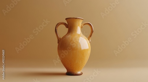 A large, ornate vase sits on a tan surface