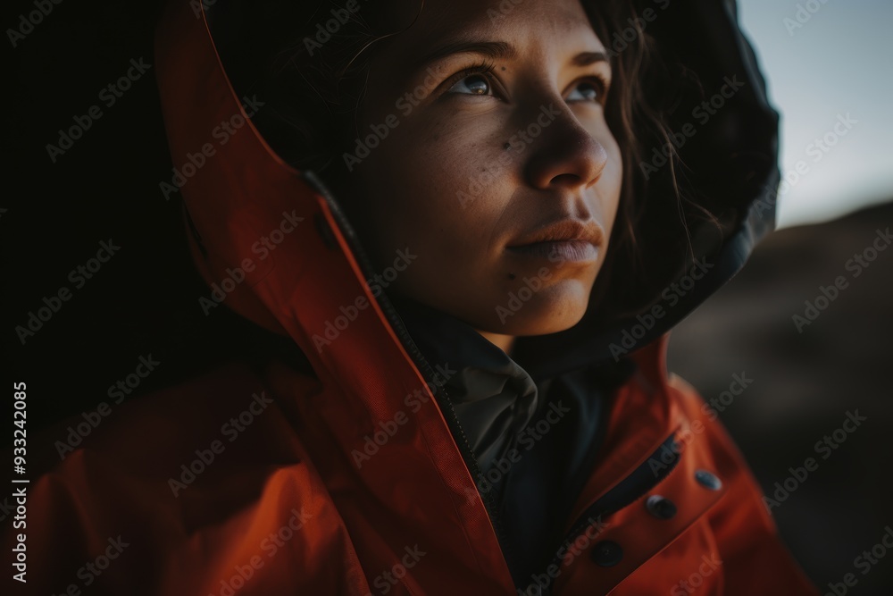 Thoughtful woman in red jacket Thoughtful woman in red jacket