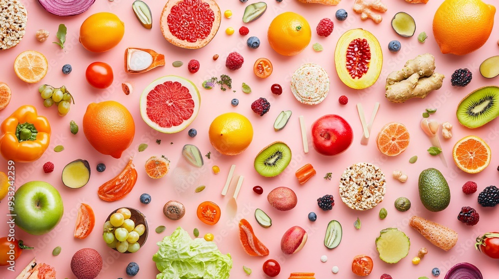 Colorful foods scattered in a random pattern creating a playful background Colorful foods scattered in a random pattern creating a playful background