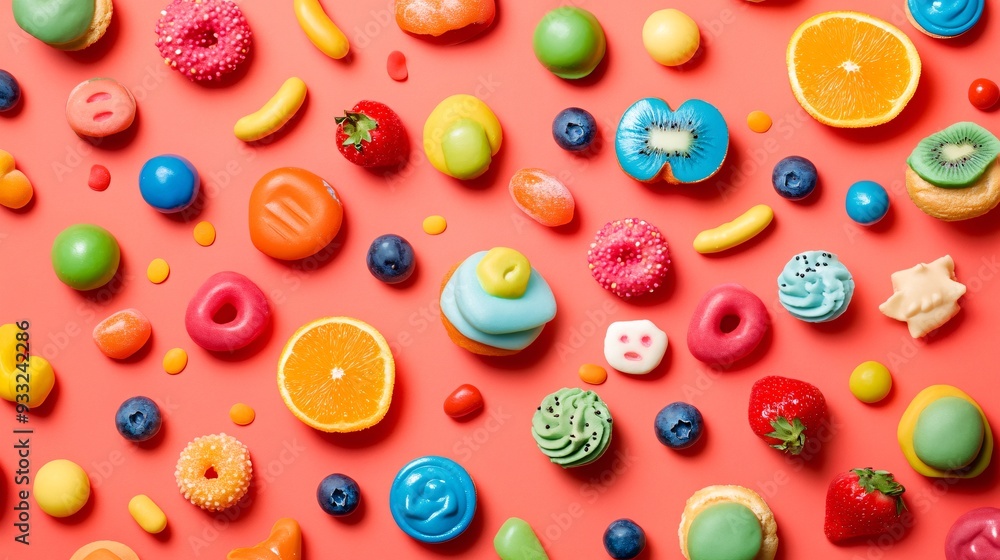 Colorful foods scattered in a random pattern creating a playful background Colorful foods scattered in a random pattern creating a playful background