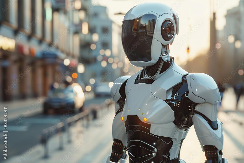 AI robot standing on city street AI robot standing on city street