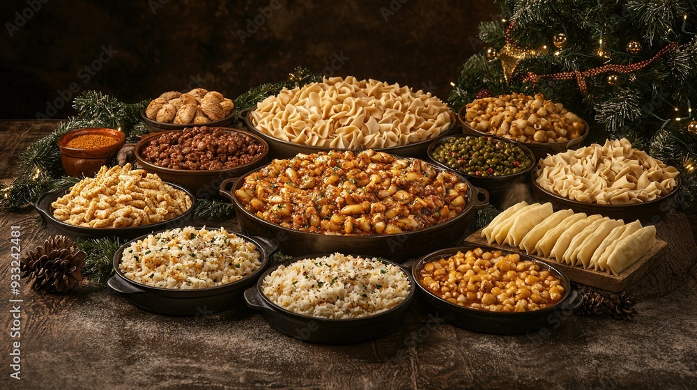 A Christmas tree with lights on top is flanked by a table filled with various food bowls A Christmas tree with lights on top is flanked by a table filled with various food bowls