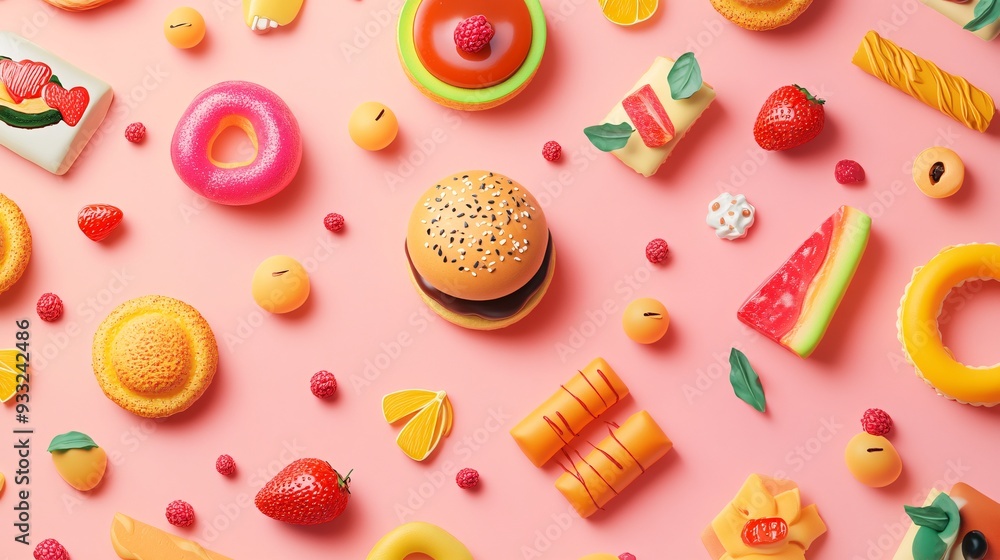 Abstract pattern of randomly placed food illustrations on a soft gradient background Abstract pattern of randomly placed food illustrations on a soft gradient background