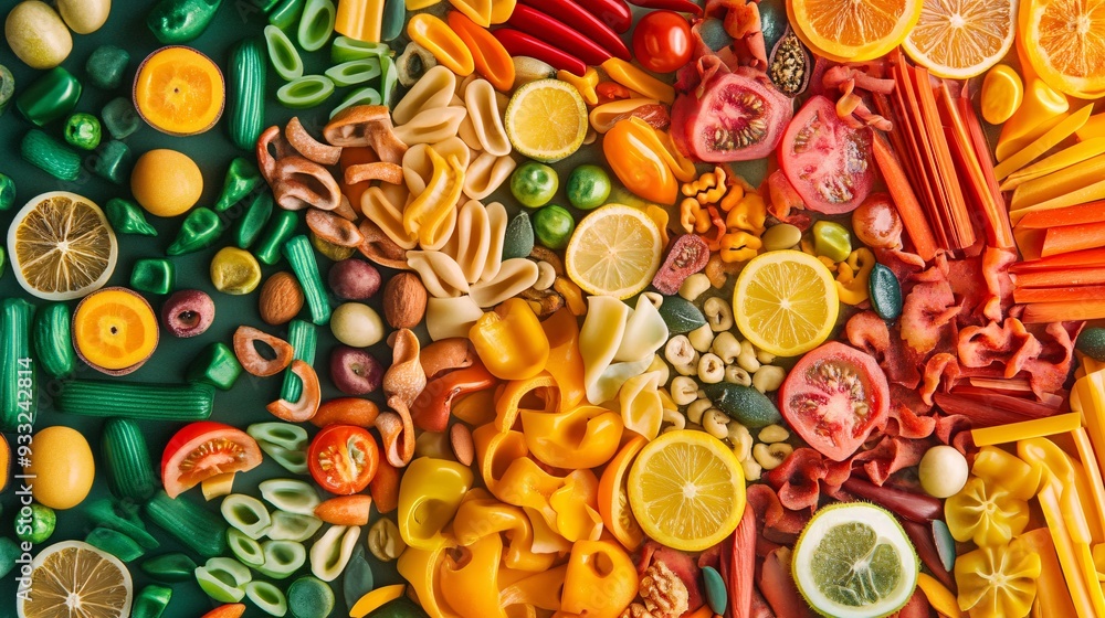 Colorful foods arranged in a random pattern creating a whimsical background Colorful foods arranged in a random pattern creating a whimsical background