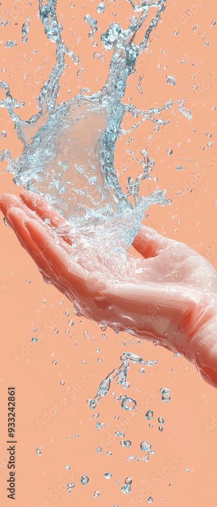 Fototapeta premium A hand gracefully splashes water against a soft peach background, symbolizing freshness and vitality in a tranquil moment.