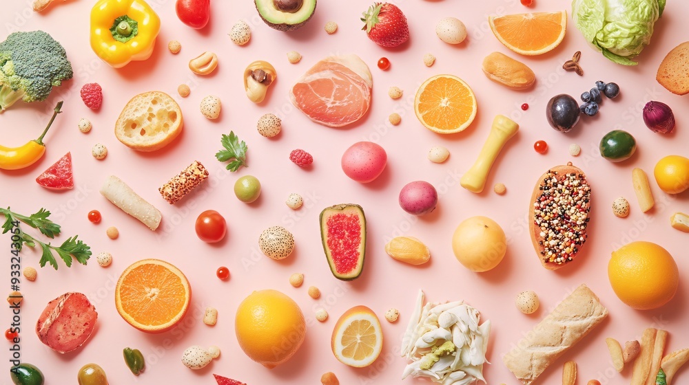 Various food items scattered randomly on a soft gradient background Various food items scattered randomly on a soft gradient background