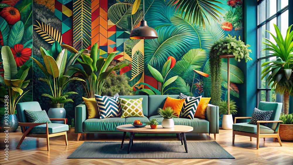 Fototapeta premium Abstract patterns blend with bold colors, lush plants sway amidst geometric shapes, and vibrant hues infuse a space with energetic and playful sophistication.
