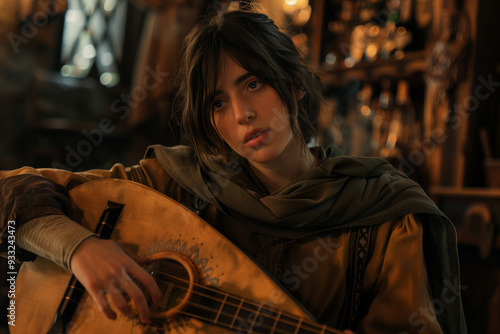 A musician with short hair looking pensive as they play on a lute. A nostalgic bard or minstrel playing a string instrument in a warm and cozy interior.