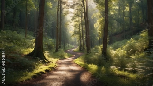 A winding road cutting through a dense forest, with dappled sunlight filtering through the trees, creating a patchwork of light and shadow on the forest fl