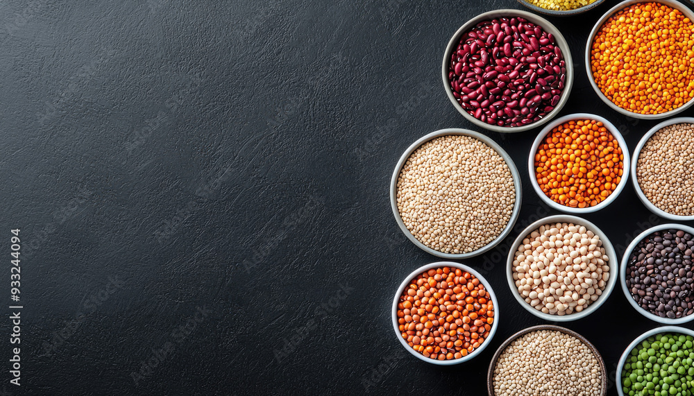 A colorful display of various legumes in bowls against a dark background, showcasing their rich textures and natural beauty. A colorful display of various legumes in bowls against a dark background, showcasing their rich textures and natural beauty.