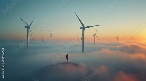 Wallpaper Mural Misty Wind Turbine Silhouettes at Dawn or Dusk Mystical Landscape Renewable Energy Concept Torontodigital.ca
