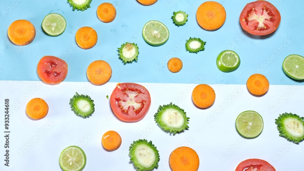 Fresh organic healthy fruits and vegetables decorated on colourful background Fresh organic healthy fruits and vegetables decorated on colourful background