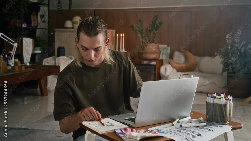 Wide shot of serious young male fashion designer working on laptop at table in small workshop Wide shot of serious young male fashion designer working on laptop at table in small workshop