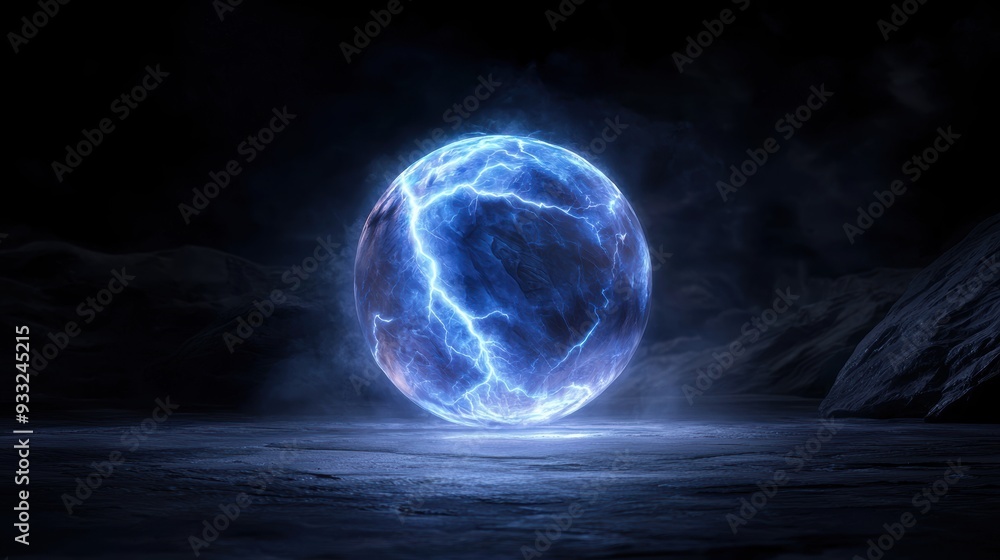 Glowing energy sphere in dark landscape Glowing energy sphere in dark landscape