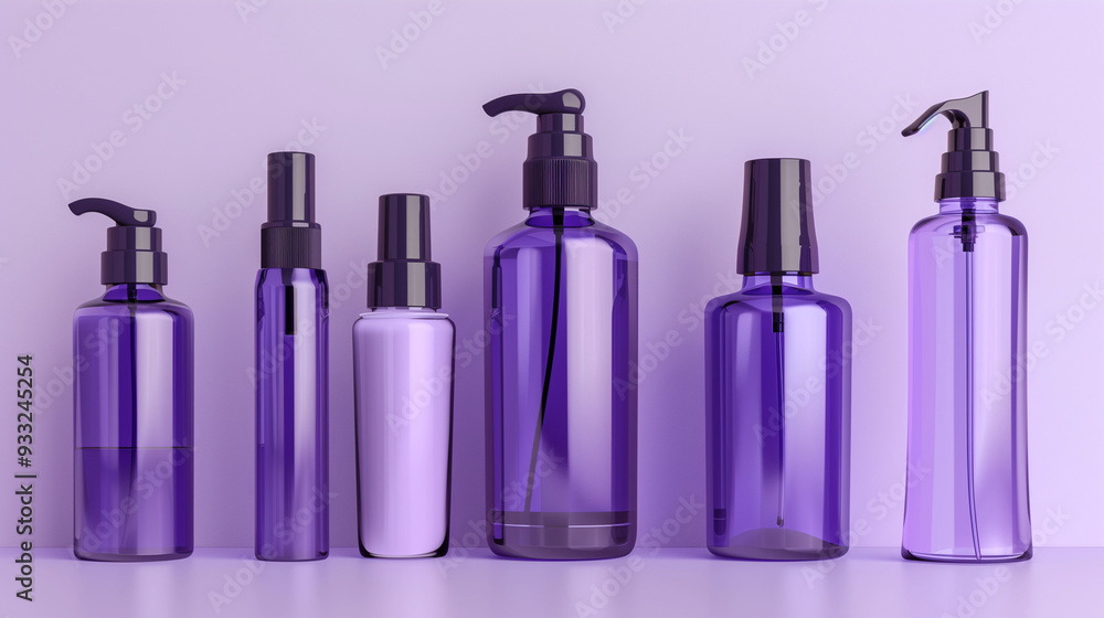 Set of purple cosmetic glossy plastic or glass bottles with black dispenser spray pump. Sprayer Liquid containers for gel, lotion, cream, serum, base. Beauty cosmetics product package Set of purple cosmetic glossy plastic or glass bottles with black dispenser spray pump. Sprayer Liquid containers for gel, lotion, cream, serum, base. Beauty cosmetics product package