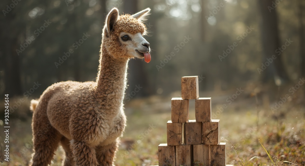 Obraz premium Cute animal wallpaper collection, Curious alpaca's wooden puzzle, Playful camelid explores forest blocks, showcasing animal intelligence and natural inquisitiveness