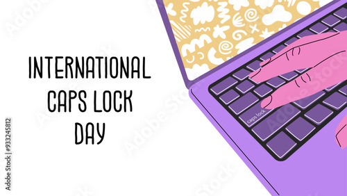 International Caps Lock Day. Laptop screen and keyboard, finger pressing the caps lock button. Typing text in capital letters. Funny holiday. Vector illustration isolated on transparent background.