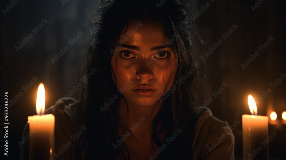 A woman with glowing eyes sits in front of lit candles. A woman with glowing eyes sits in front of lit candles.
