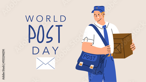 Festive banner for World Post Day. Postman in uniform with a large mail bag and a parcel in his hands. Delivery of orders. Vector illustration isolated on a transparent background.