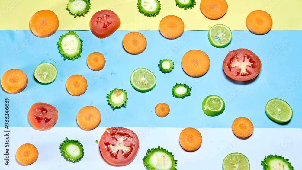 Fresh organic healthy fruits and vegetables decorated on colourful background Fresh organic healthy fruits and vegetables decorated on colourful background