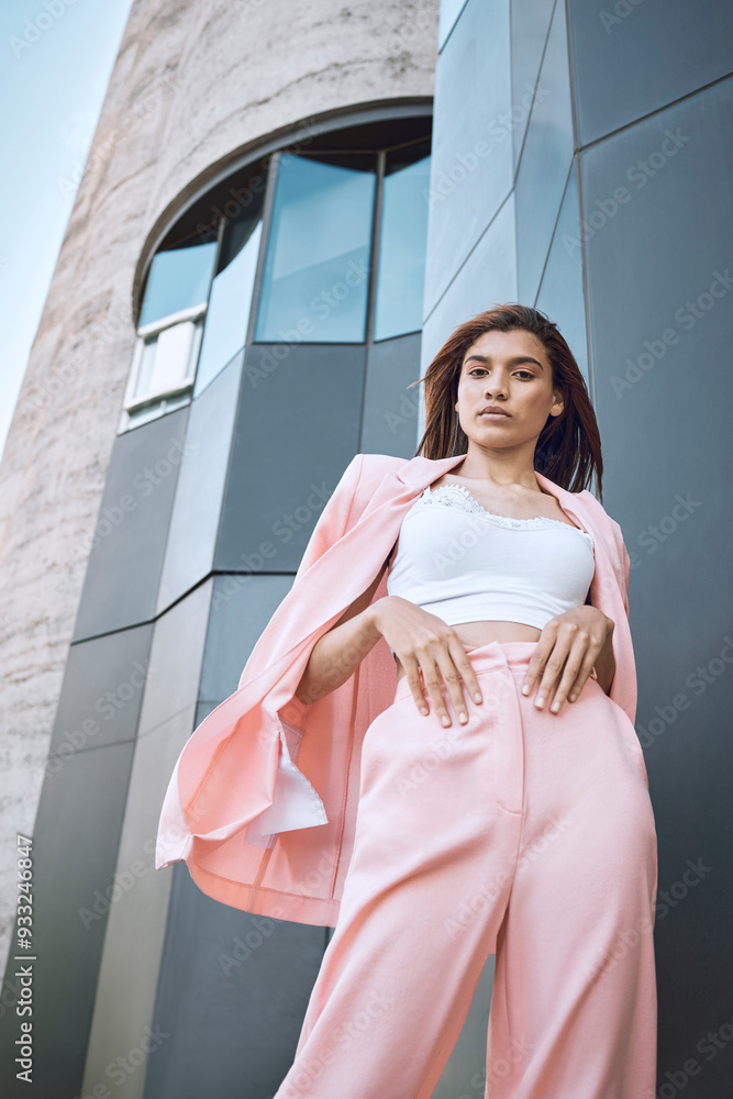 Fashion, trendy and portrait of woman, confident and outdoor with outfit, stylish and chilling on road. Break, proud and girl with jacket, street and serious with clothes, cool and person in USA Fashion, trendy and portrait of woman, confident and outdoor with outfit, stylish and chilling on road. Break, proud and girl with jacket, street and serious with clothes, cool and person in USA