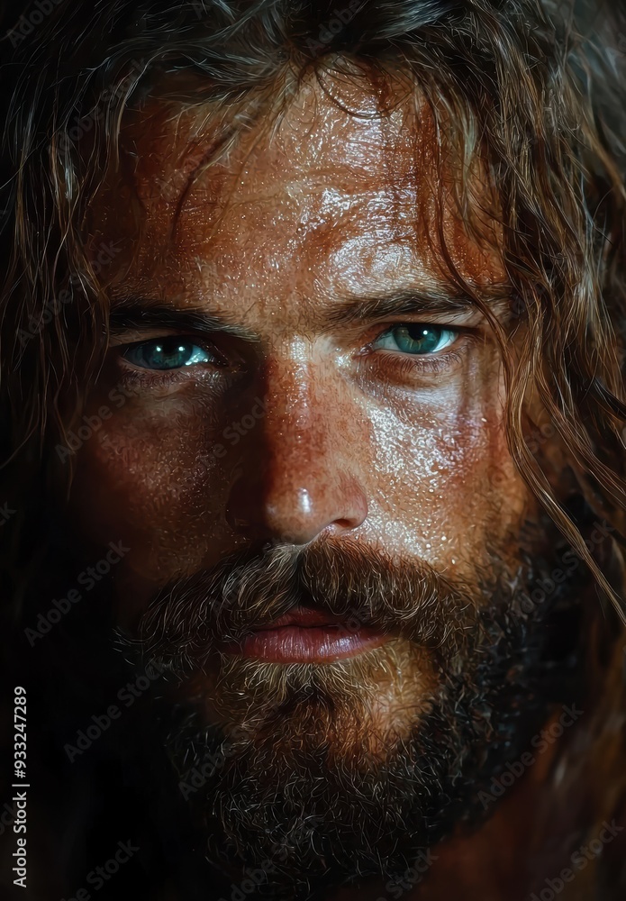 close-up portrait of a rugged, bearded man with intense blue eyes close-up portrait of a rugged, bearded man with intense blue eyes
