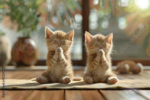Adorable kitten  practicing yoga together, 3D render , created ai