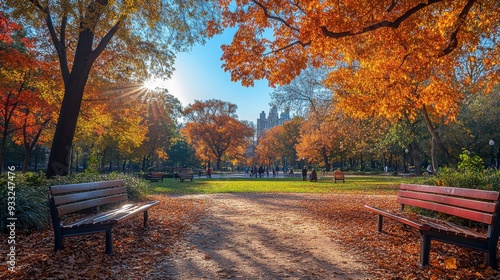 Scenic city park view with vibrant autumn foliage under a bright blue sky photo