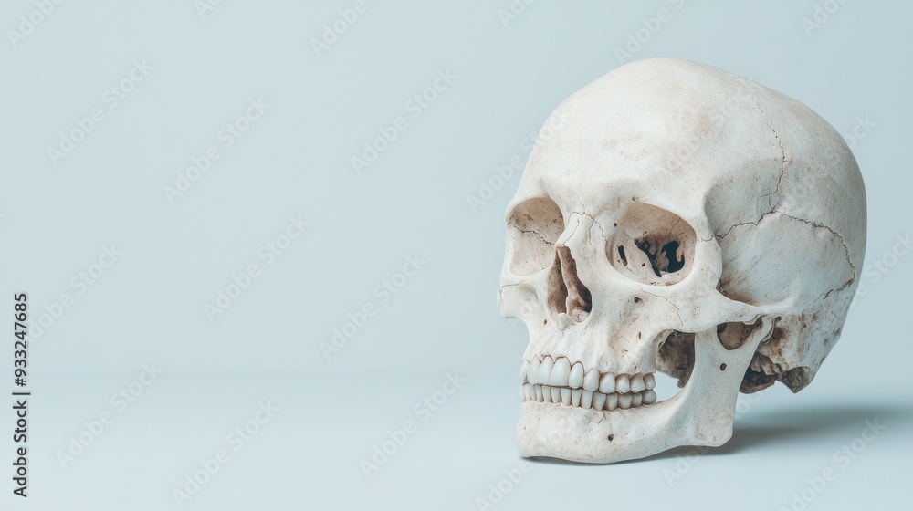 Obraz premium Evolutionary Exploration - Human Skull with Exaggerated Cranial Features in 8K High Detail, Ideal for Hypothetical Evolution Concepts with Copy Space