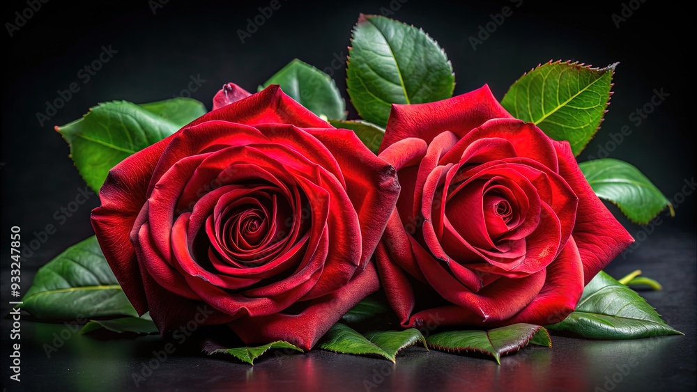Two majestic red roses with lush green leaves and delicate petals rest peacefully on a soft, velvety black background, exuding romance and elegance. Two majestic red roses with lush green leaves and delicate petals rest peacefully on a soft, velvety black background, exuding romance and elegance.